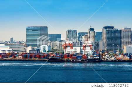 A busy Tokyo port cargo dock in Odaiba A busy Tokyo port cargo dock in Odaiba 118052752