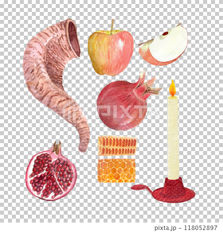 Shofar, apple, pomegranate, honeycomb, candle hand painted watercolor set isolated on white. High quality elements perfect for Rosh Hashanah, Yom Kippur cards, decor, prints. Jewish tradition clip art Shofar, apple, pomegranate, honeycomb, candle hand painted watercolor set isolated on white. High quality elements perfect for Rosh Hashanah, Yom Kippur cards, decor, prints. Jewish tradition clip art 118052897