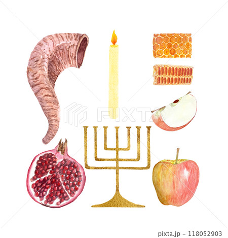 Shofar, apple, pomegranate, honeycomb, menorah, candle hand painted watercolor set isolated on white. High quality elements for Rosh Hashanah, Yom Kippur cards, decor, prints. Jewish tradition clip 118052903