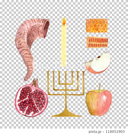 Shofar, apple, pomegranate, honeycomb, menorah, candle hand painted watercolor set isolated on white. High quality elements for Rosh Hashanah, Yom Kippur cards, decor, prints. Jewish tradition clip 118052903