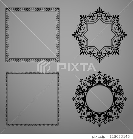 Set of decorative frames Elegant vector element for design in Eastern style, place for text. Floral black and gray borders. Lace illustration for invitations and greeting cards Set of decorative frames Elegant vector element for design in Eastern style, place for text. Floral black and gray borders. Lace illustration for invitations and greeting cards 118053146