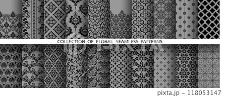 Geometric floral set of seamless patterns. Gray and black vector backgrounds. Damask graphic ornaments 118053147