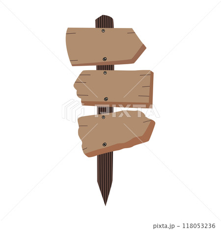 Vintage wooden road arrow sign pointing in different directions isolated on white background.  cartoon  118053236