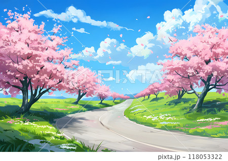 春の訪れを告げる桜並木と青い空のアニメ風イラスト 118053322