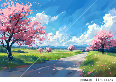 春の訪れを告げる桜並木と青い空のアニメ風イラスト 118053323