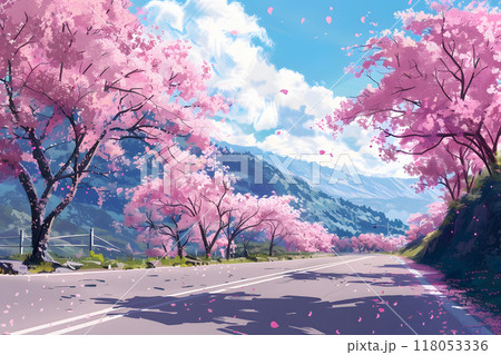 春の訪れを告げる桜並木と青い空のアニメ風イラスト 118053336