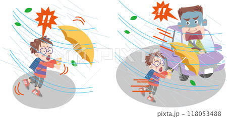 交通安全＜強風時（横風）の歩行者とのトラブル（子供）・転倒＆風に押されて車にぶつかりそうになる＞ 118053488