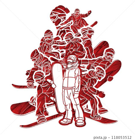 Snowboard Players Mix Action Group of Snowboarder Cartoon Extreme Sport Graphic Vector 118053512