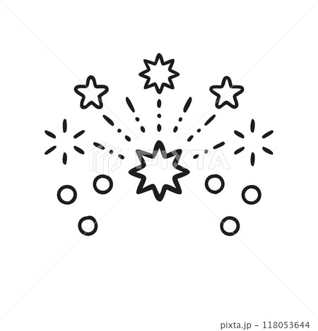 Simple black and white illustration of fireworks with starburst patterns. Perfect for celebration-themed designs, especially for New Years, Independence Day, and festive occasions. Simple black and white illustration of fireworks with starburst patterns. Perfect for celebration-themed designs, especially for New Years, Independence Day, and festive occasions. 118053644