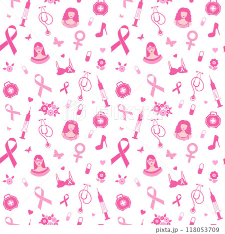 Breast cancer seamless pattern awareness pink ribbon. October is Breast Cancer Awareness Month. Pink on white. Breast cancer seamless pattern awareness pink ribbon. October is Breast Cancer Awareness Month. Pink on white. 118053709