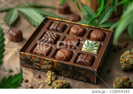 Assorted Cannabis-Infused Chocolates in Box with Cannabis Leaves and Buds 118054193