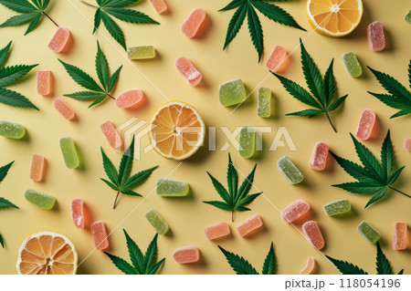 CBD Gummies with Cannabis Leaves and orange Slices on Yellow Background 118054196