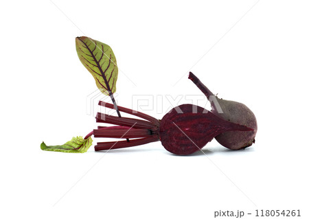 Close-up of fresh beetroot with vibrant red color and green leaves 118054261