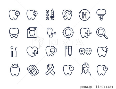 Dental icon set. containing tooth, dentist, toothpaste, toothbrush, teeth, implant and dentistry icons. can be used in children dentist clinic. medical health and dentistry concept. 118054384