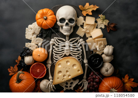 A Halloween-themed cheese board featuring a skull, cheeses, pumpkins, fruit, and leaves on black. Halloween holiday food 118054580