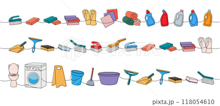 Set of cleaning tools one line. Toilet bowl, washing machine, floor mop, bucket, plunger, scoop, sponges, washcloths, brushes, cleaners, towels, rags Set of cleaning tools one line. Toilet bowl, washing machine, floor mop, bucket, plunger, scoop, sponges, washcloths, brushes, cleaners, towels, rags 118054610