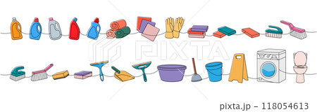 Cleaning tools one line. Toilet bowl, washing machine, floor mop, bucket, plunger, scoop, sponges, washcloths, brushes, cleaners, towels, rags, gloves Cleaning tools one line. Toilet bowl, washing machine, floor mop, bucket, plunger, scoop, sponges, washcloths, brushes, cleaners, towels, rags, gloves 118054613