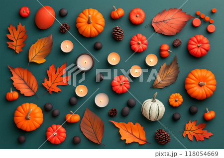 Autumn flat lay featuring pumpkins, candles, and leaves background. Concept of fall, harvest, and Halloween decoration 118054669