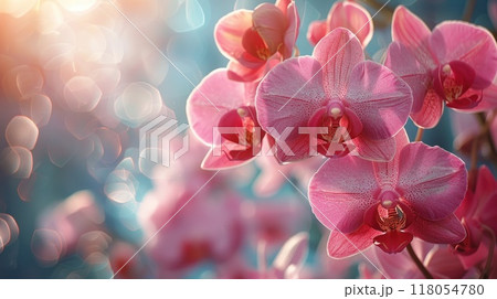Orchid bunch, floral border against light background. Generative AI 118054780