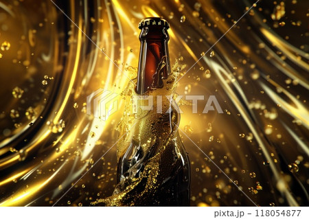 A bottle of beer with A beautiful viscous golden liquid beer swirling. Generative AI 118054877
