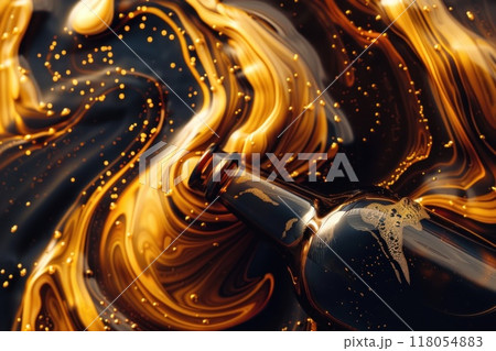 A bottle of beer with A beautiful viscous golden liquid beer swirling. Generative AI A bottle of beer with A beautiful viscous golden liquid beer swirling. Generative AI 118054883