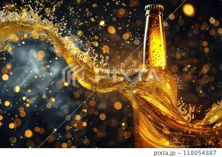 A bottle of beer with A beautiful viscous golden liquid beer swirling. Generative AI A bottle of beer with A beautiful viscous golden liquid beer swirling. Generative AI 118054887