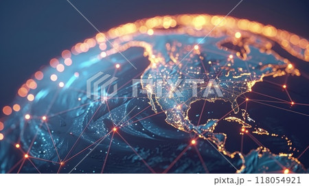 Abstract Background with interconnected glowing lines surrounding the globe. Generative AI Abstract Background with interconnected glowing lines surrounding the globe. Generative AI 118054921