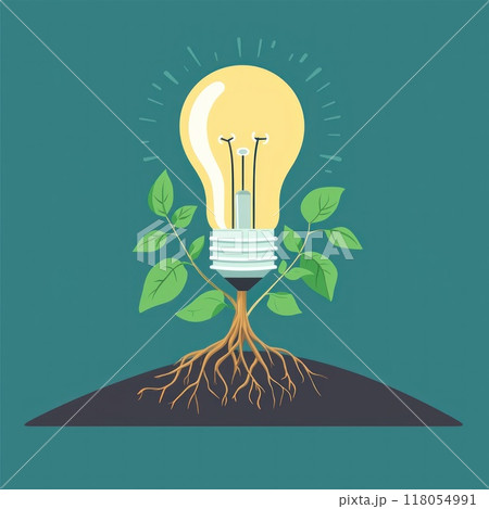 Light Bulb with Roots Symbolizing Idea Growth in Flat Design Illustration 118054991