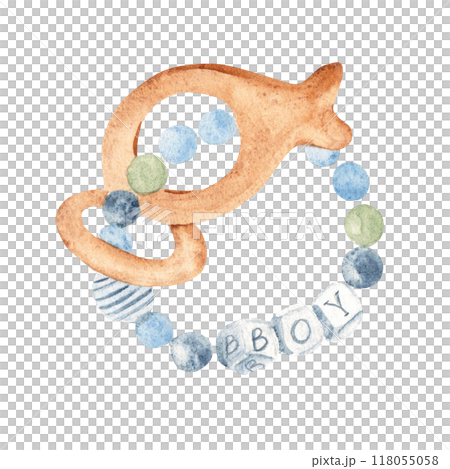 Baby boy Teething Ring. Watercolor illustration of Eco Toy made of Wooden beads and silicone letters spelling BOY. Hand painted illustration of chew eco toy in delicate blue, green and beige tones Baby boy Teething Ring. Watercolor illustration of Eco Toy made of Wooden beads and silicone letters spelling BOY. Hand painted illustration of chew eco toy in delicate blue, green and beige tones 118055058