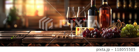 Two glasses of red wine, two wine bottles, cheese, and grapes rest on a wooden table. The warm lighting and blurred background create a cozy atmosphere. Generative AI 118055505