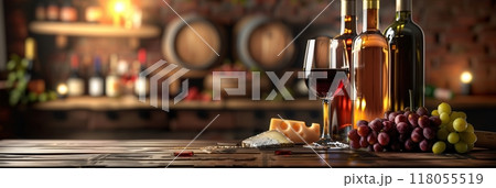 A wooden table with a glass of red wine, wine bottles, cheese, and grapes in a cozy wine cellar setting. Generative AI 118055519