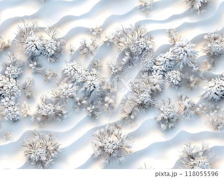 Aerial seamless view of snow-covered trees and rolling drifts in a serene winter landscape captured during a bright sunny day. Generative AI 118055596
