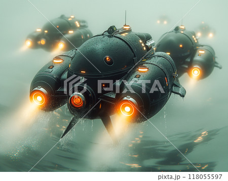 Amphibious Drones Flying Over The Sea Through Mist. Generative AI 118055597