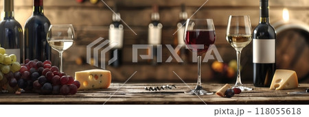 A rustic wooden table with two wine glasses, bottles of wine, grapes, and blocks of cheese. Generative AI 118055618