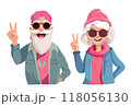 senior man and woman in sunglasses and pink baseball cap Happy hipster 118056130