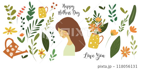 Mother day card design with illustration of spring flowers bouquet and green leaves 118056131