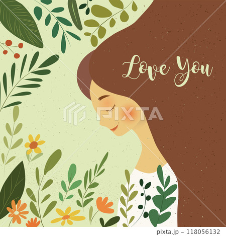 Mother day card design with illustration of spring flowers bouquet and green leaves 118056132