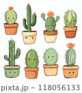 Cute cactus eyes and smiling in pots hand drawn illustration 118056133