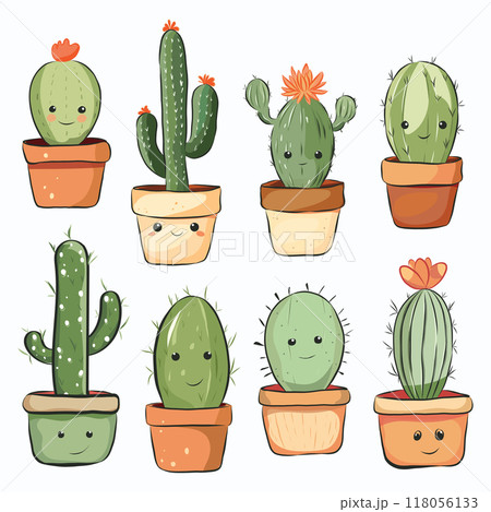 Cute cactus eyes and smiling in pots hand drawn illustration 118056133
