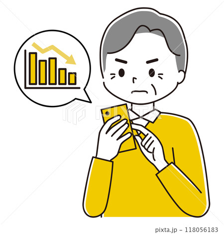 スマホで資産の下落を確認する高齢男性のイラスト 118056183