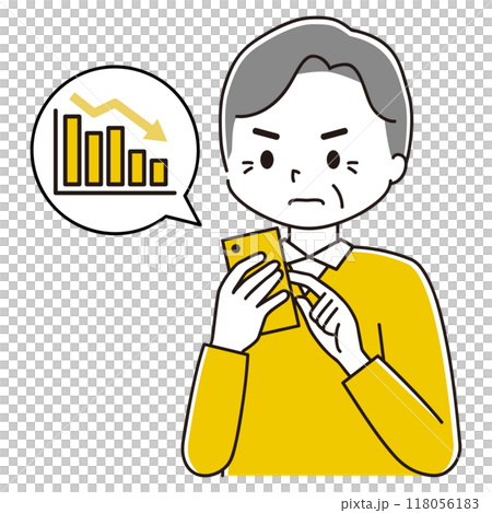 スマホで資産の下落を確認する高齢男性のイラスト 118056183