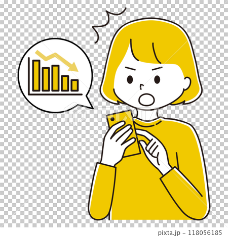 スマホで資産の下落を確認する女性のイラスト 118056185