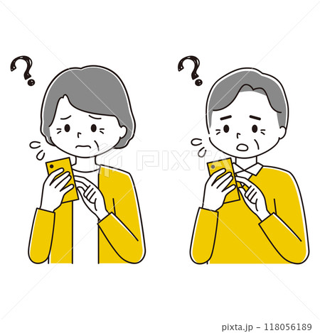 スマホをタップして困る高齢女性と高齢男性のイラストセット スマホをタップして困る高齢女性と高齢男性のイラストセット 118056189