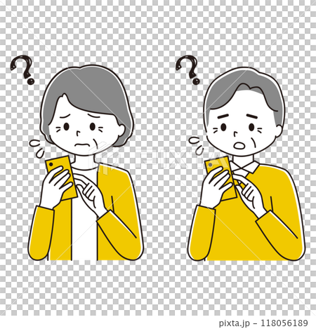 一位老年婦女和一位老年男子在使用智慧型手機時遇到困難的插圖集 一位老年婦女和一位老年男子在使用智慧型手機時遇到困難的插圖集 118056189