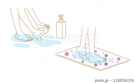 水虫の対策イラストセット:足をせっけんで洗う・白癬菌が繁殖したバスマットを使う 水虫の対策イラストセット:足をせっけんで洗う・白癬菌が繁殖したバスマットを使う 118056229