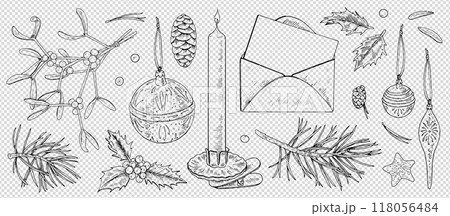 A vintage Christmas vector set featuring hand-drawn candles, mistletoe, and holly. This clipart collection in black and white includes festive elements for holiday decorations and New Year greetings A vintage Christmas vector set featuring hand-drawn candles, mistletoe, and holly. This clipart collection in black and white includes festive elements for holiday decorations and New Year greetings 118056484