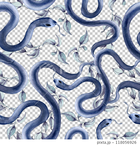 Dark blue snakes twist with delicate leaves watercolor monochrome seamless pattern isolated. Snake pattern with liana and branches in soft tones hand drawn for mystical designs, textiles, wallpapers. 118056926