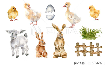 Easter animals set of fluffy chicks, ducklings, bunnies, and a lamb watercolor illustration isolated. Farm animals babies, rustic fence and bush of grass hand painted for spring-themed designs, books. 118056928