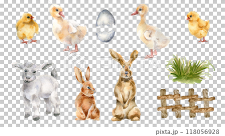 Easter animals set of fluffy chicks, ducklings, bunnies, and a lamb watercolor illustration isolated. Farm animals babies, rustic fence and bush of grass hand painted for spring-themed designs, books. 118056928
