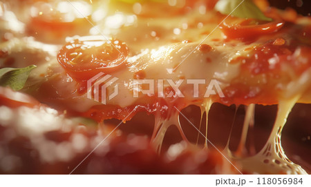 pizza slice macro close-up with melted oozing cheese  118056984